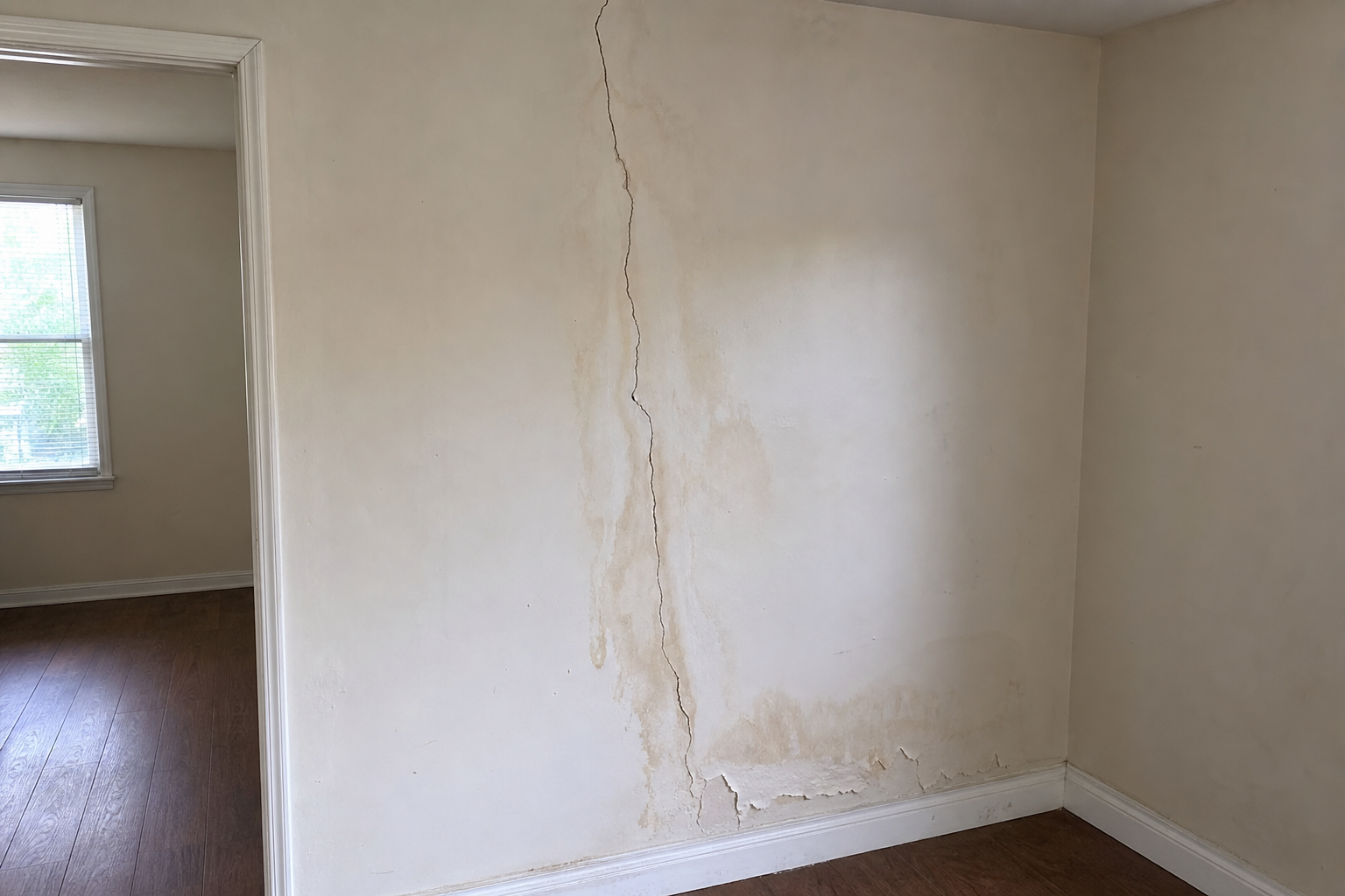 Rental unit wall with visible water damage — raw inspection photo